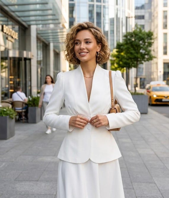 Elegant White Women’s Suit Set, Formal Blazer & Skirt Outfit, Wedding Guest Suit, Minimalist Bridal Suit, Evening Wear, Tailored Suit Set