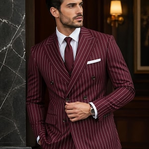 Men’s Burgundy Pinstripe Suit, Double Breasted Suit for Men, Wedding Suit Groom, Formal Style Suit, Prom Outfit, Tailored Suit, Business Wea