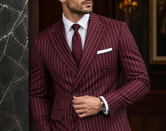 Herren Burgunder Nadelstreifen Anzug, Zweireihiger Anzug für Männer, Hochzeitsanzug Bräutigam, Anzug für formelle Art, Abschlussball-Outfit, Maßanzug, Business Wea