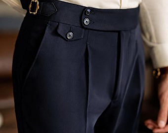 Luxus hoch taillierte Bundfaltenhose für Herren | Maßgeschneiderte Anzughose mit seitlichen Verstellern | Klassische Festliche Hose | Vintage Style Herrenbekleidung, Hose