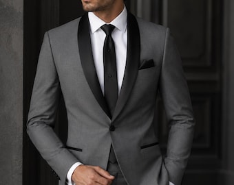 Grauer 3-teiliger Herrenanzug mit schwarzem Schalkragen, Slim Fit Hochzeitsanzug, Bräutigam Smoking, formeller Abschlussball-Anzug, klassisches Blazer-Set, Abschlussball-Anzug Herren