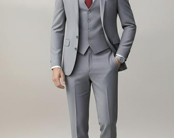 Men's Light Grey 3-Piece Suit | Groom Wedding Suit | Custom Fit Men's Blazer Vest Pant Set | Formal Business Suit for Men, Elegant Men Suit,