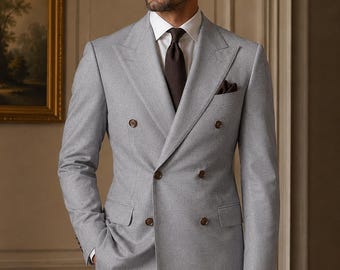 Light Gray Double Breasted Men's Suit, Custom Wedding Suit for Groom, Slim Fit Peak Lapel Formal Suit, Handmade Tailored Blazer & Pants Set