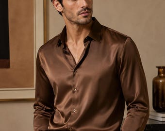 Luxus Herren Brown Seidenhemd : Elegantes Langärmeliges Herrenhemd, Anzughemd für Männer, formelles Seidenhemd, Partykleidung, Geschäftskleidungshemd