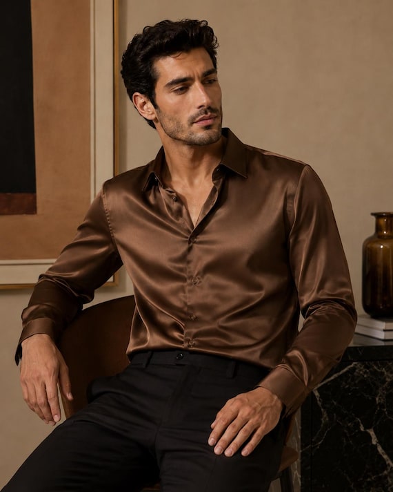 brown silk dress shirt Luxury Men's Shirt: Elegant Long Sleeves Men's Shirt, for Men, Formal Silk Shirt, Party wear, Business wear Shirt Size:47-48