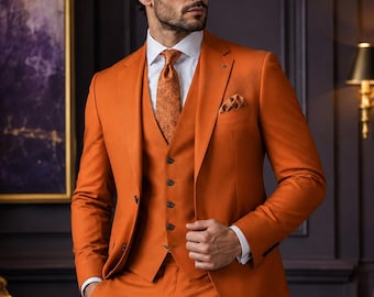 Herren Orange 3-teiliger Anzug, Slim Fit Hochzeitsanzug für Männer, Luxus-Anzug, Abschlussballanzug, Bräutigam Anzug, Orange Smoking, Groomsmen Outfit, Anzug