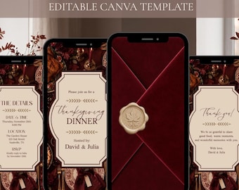 May include: An animated Thanksgiving invitation Canva template displayed on four smartphone screens. The designs feature a deep red velvet envelope with a gold leaf wax seal, and cream-colored text boxes with details for a dinner, including date, time, location, and a thank you message.