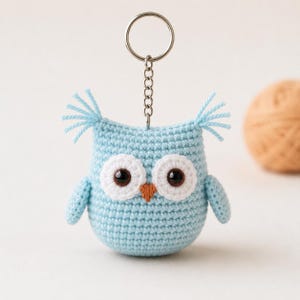 Pode incluir: Um porta-chaves de coruja em croché azul claro com dois grandes olhos circulares brancos com pupilas castanho-escuras, um pequeno bico triangular laranja e tufos curtos de fio azul em cada lado da cabeça, preso a um anel de metal prateado.
