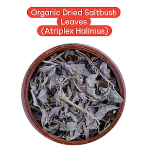 May include: A top-down view of a wooden bowl filled with dried saltbush leaves. The leaves are a muted green-gray color and have a textured, dried appearance. The text "Organic Dried Saltbush Leaves (Atriplex Halimus)" is in a red oval at the top.