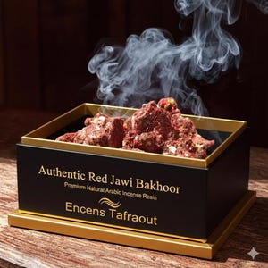 May include: A black and gold box filled with red Jawi Bakhoor incense resin, with smoke rising. The box features gold trim and the text "Authentic Red Jawi Bakhoor" and "Encens Tafraout".
