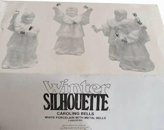 Winter Silhouette Caroling Bells: White Porcelain Figurines with Metal Bells