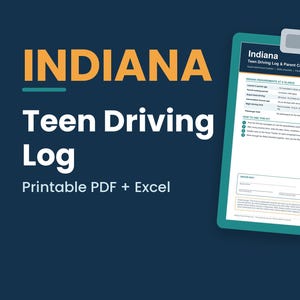 Indiana Teen Driving Log Printable | 50 Hour Supervised Driving Hours Tracker, Teen Driver Log, Learner Permit, Parent Guide PDF + Excel