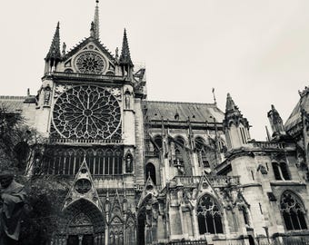 Notre Dame Cathedral Print, Black and White Paris Photography, Gothic Architecture Wall Art, Paris Travel Poster, French Home Decor Gift