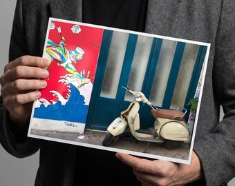 Paris Scooter Print, Vintage Vespa Paris Street Photography, Bold Red Wall Art, Parisian Travel Poster, French Decor Gift