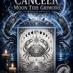 Cancer Coloring Page Adults | Zodiac Grimoire Moon Phases Printable | Dark Academia Celestial Art PDF | Procreate Instant Download | 300 DPI