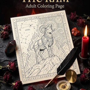 Aries Coloring Page Adults | Zodiac Grimoire Ram Printable PDF | Dark Academia Fire Sign Art | Procreate Instant Download | 300 DPI