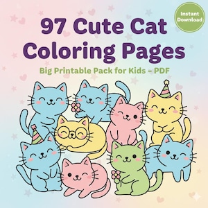 Puede incluir: Gráfico de descarga digital con el texto "97 Cute Cat Coloring Pages". La imagen muestra varios gatos de dibujos animados sonrientes en tonos de azul, rosa, amarillo y verde. El fondo es un degradado suave de rosa y azul, con pequeñas estrellas y corazones.