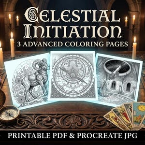 Puede incluir: Imagen de tres páginas para colorear avanzadas tituladas "Celestial Initiation" con ilustraciones de un carnero astrológico, un reloj y un telescopio. La imagen también incluye cartas del tarot, velas y una brújula.
