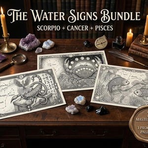 Puede incluir: El paquete de signos de agua incluye tres grabados artísticos con las constelaciones del zodíaco de Escorpio, Cáncer y Piscis. Los grabados se muestran sobre una superficie de madera oscura con velas, cristales y una lupa. El paquete incluye 3 paletas Procreate.
