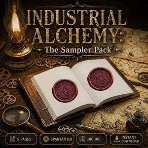 May include: An open book with red wax seals, gears, and a vintage map. The text "INDUSTRIAL ALCHEMY: The Sampler Pack" is displayed above the book. A magnifying glass, inkwell, and oil lamp are also visible.