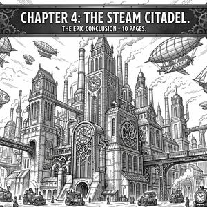 Puede incluir: Ilustración detallada en blanco y negro de una ciudad steampunk con dirigibles, torres de reloj y edificios industriales. La imagen incluye el texto "CHAPTER 4: THE STEAM CITADEL. THE EPIC CONCLUSION - 10 PAGES."