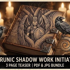 Puede incluir: Ilustración de un libro marrón con una figura alada y cuervos. El libro tiene cierres metálicos. El texto en la parte inferior dice "THE RUNIC SHADOW WORK INITIATION" y "3 PAGE TEASER | PDF & JPG BUNDLE."