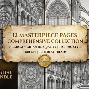 Gothic Coloring Pages for Adults | Dark Academia Cathedral Architecture Printable | 12 Premium Line Art PDF | Procreate Instant Download