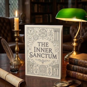Puede incluir: Un libro titulado "The Inner Sanctum" con intrincadas ilustraciones en blanco y negro, una vela encendida en un candelabro de latón, una lámpara de escritorio con pantalla verde y una brújula sobre una mesa de madera. También se ven otros libros y una pluma.