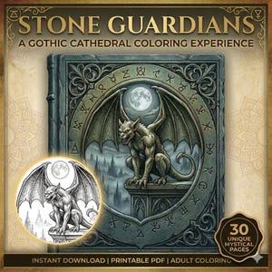 Puede incluir: Portada de un libro para colorear digital titulado "STONE GUARDIANS: A GOTHIC CATHEDRAL COLORING EXPERIENCE". La imagen muestra una gárgola con una luna llena. El libro promete 30 páginas místicas únicas.