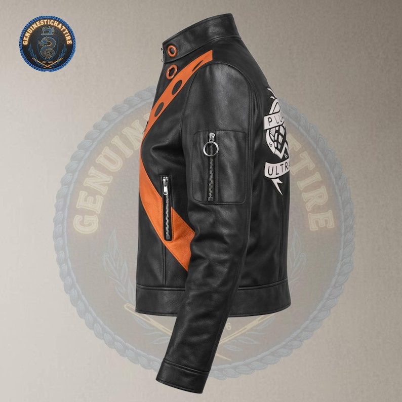 Side profile view of the Katsuki Bakugo motorcycle jacket from displaying the tailored sleeve alignment, a utility sleeve pocket with a prominent silver O-ring zipper pull, and the edge of the large back patch.