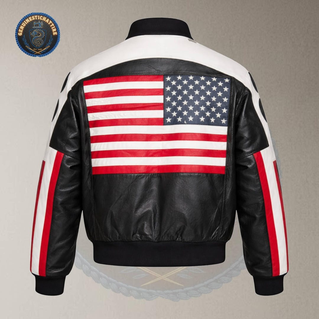 USA Flag Leather Bomber Jacket Men, American Flag Varsity Jacket, Black ...