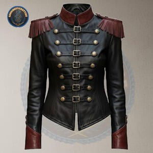 Chaqueta de cuero militar steampunk para mujer, abrigo de húsar de Napoleón, disfraz de maestro de ceremonias de Cascanueces, uniforme de oficial con flecos para desfile de circo gótico