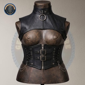 Conjunto de arnés de cuello y corsé bajo el busto de cuero negro artesanal, accesorio corporal modular de 3 piezas con tirantes a juego con cordones, regalos para ella.