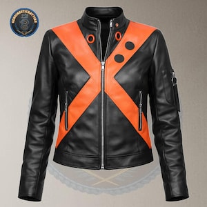 Front view of the black and orange Bakugo My Hero Academia real leather cosplay jacket on a mannequin, showcasing the large stitched orange chest "X", high collar with orange accent eyelets, and asymmetric chest button details.