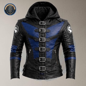 May include: Black leather jacket with blue panels, a hood, and silver buckles. The jacket features a quilted design on the shoulders and sleeves, and a logo patch on each upper arm. Zippers are visible on the front pockets.