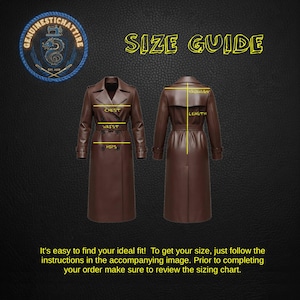 May include: A brown leather trench coat size guide with measurements for chest, waist, and hips. The image includes front and back views of the coat, with text that reads "SIZE GUIDE" and "GENUINESTICHATTIRE".
