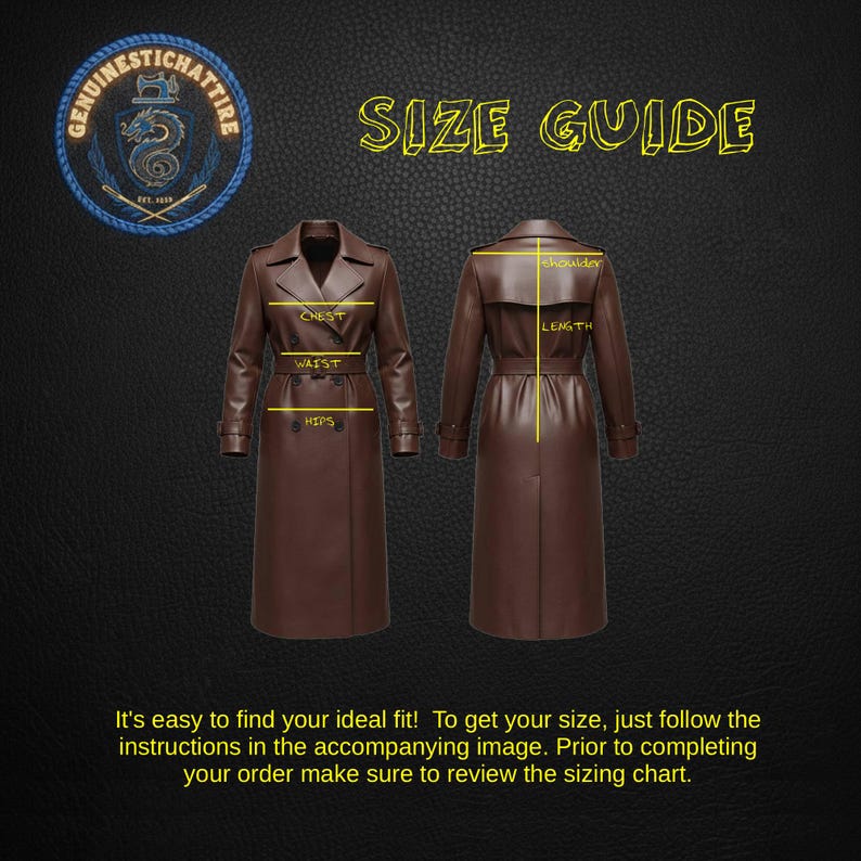 May include: A brown leather trench coat size guide with measurements for chest, waist, and hips. The image includes front and back views of the coat, with text that reads "SIZE GUIDE" and "GENUINESTICHATTIRE".