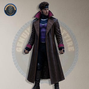 May include: A long brown trench coat with a high collar and magenta interior lining, worn over a purple and black bodysuit. The outfit includes black gloves, black boots, and a dark headpiece. The coat features textured brown fabric.