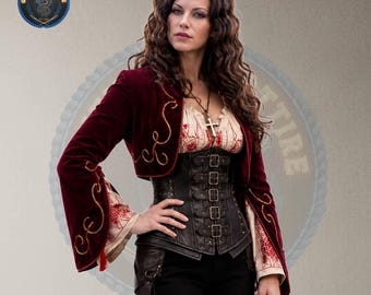 Anna Valerious Cosplay Costume – Van Helsing Burgundy Velvet Bolero, Embroidered Blouse & Black Leather Corset Set