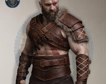 Kratos Real Cowhide Leather Armour Set, Handcrafted Viking Pauldron, Spartan Warrior Chest Harness, Norse Mythic Gear, Brown Bodice Bracers