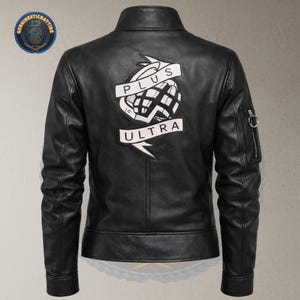 Full back view of the black leather anime duster jacket in featuring a large, meticulously stitched white and black grenade patch emblazoned with the iconic "PLUS ULTRA" banner text across the center.