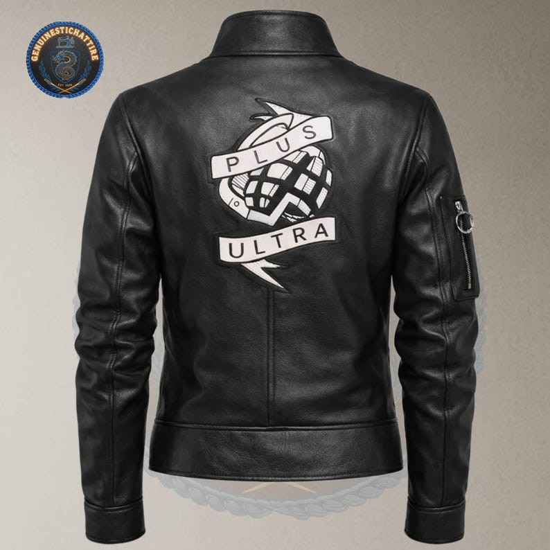 Full back view of the black leather anime duster jacket in featuring a large, meticulously stitched white and black grenade patch emblazoned with the iconic "PLUS ULTRA" banner text across the center.