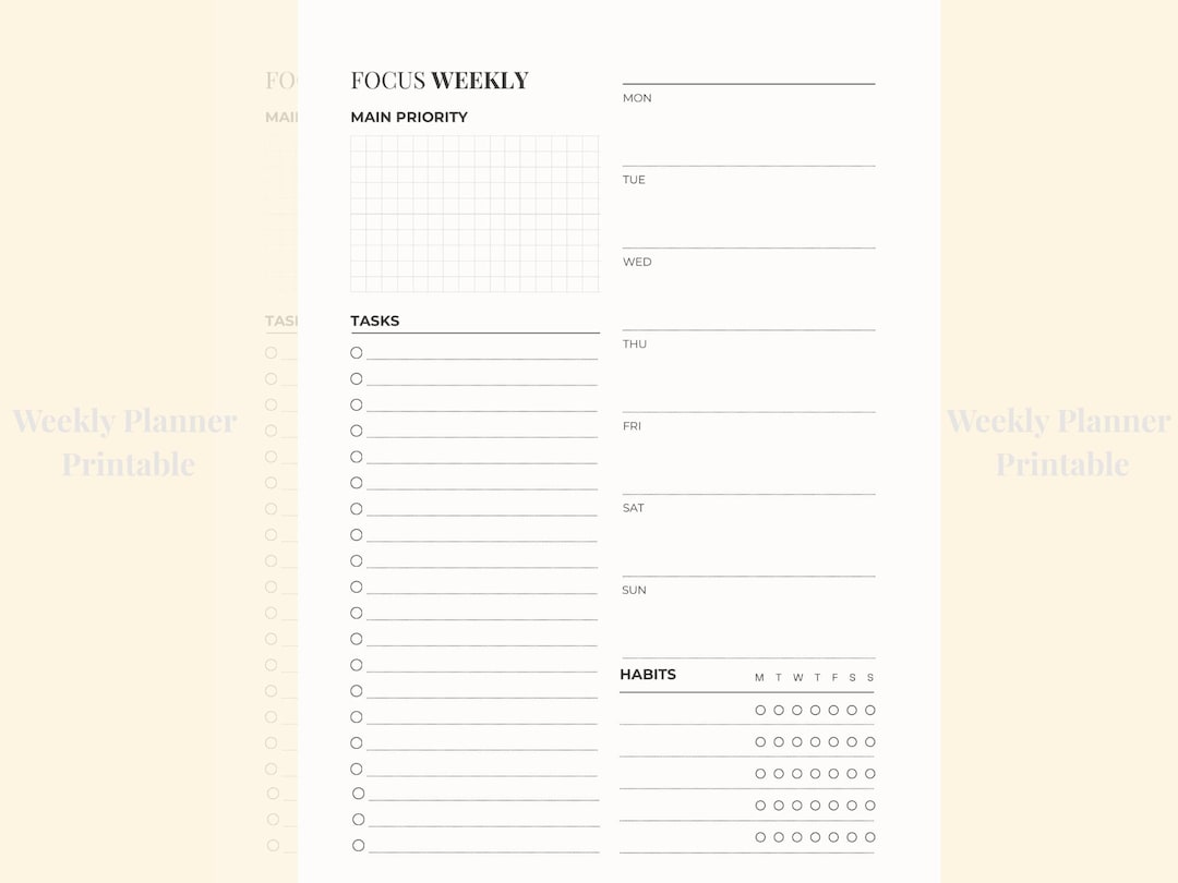 Weekly Planner Printable | Undated | Focus Minimal Productivity Planner ...