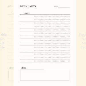Pode incluir: Um rastreador de hábitos minimalista e imprimível com o título "Focus Habits". O rastreador inclui seções para hábitos, um espaço para o mês e uma seção de notas. O design é simples e limpo.