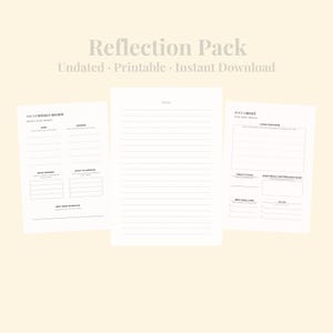 Op de afbeelding: Drie witte, bedrukbare pagina's met de tekst "Reflection Pack" en de woorden "Undated, Printable, Instant Download". De pagina's bevatten secties voor notities, wekelijkse beoordelingen en focus resets. De pagina's staan op een lichtbeige achtergrond.