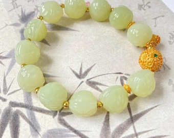 Jade Tortoise Shell Bracelet with Gold-Tone Long Life Lock Charm