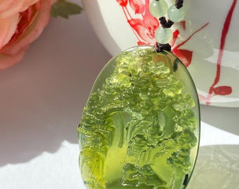 Hand Carved Xiuyu Jade Landscape Pendant – Mountain Amulet Necklace for Career Growth, Strength & Stability