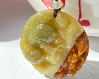 Hand Carved Jade Koi Lotus Pendant – Abundance, Wealth, Good Fortune Necklace