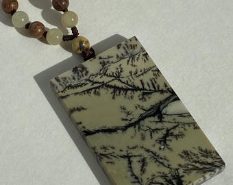 Dendritic Jade Pendant - Hand-Carved Tree Amulet Necklace