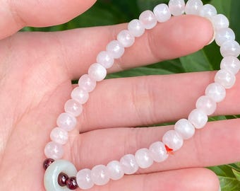 Ice Jade Bracelet, Green Jadeite Donut Charm, Red Garnet Accents
